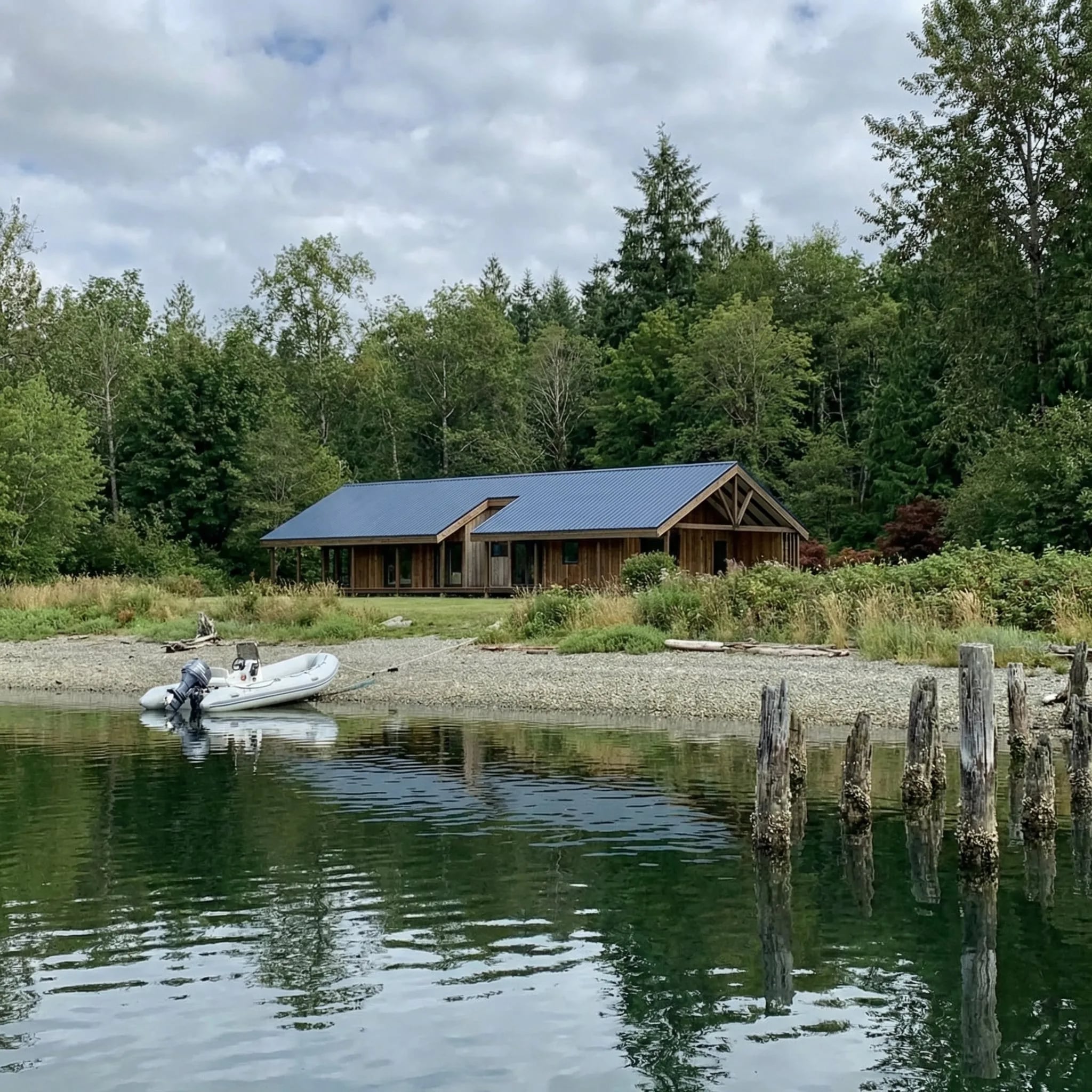 Casa moderna con grandes ventanales y vista al lago